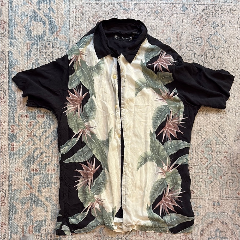 All Saints Black and White Tropical Print Shirt